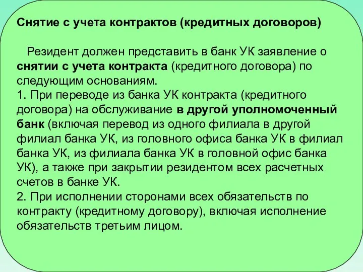 Снятие с учета контрактов (кредитных договоров) Резидент должен представить в банк