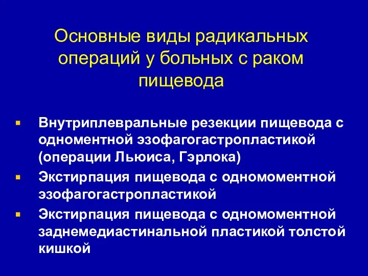 Основные виды радикальных операций у больных с раком пищевода Внутриплевральные резекции