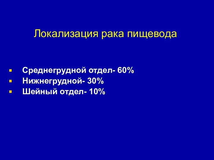 Локализация рака пищевода Среднегрудной отдел- 60% Нижнегрудной- 30% Шейный отдел- 10%