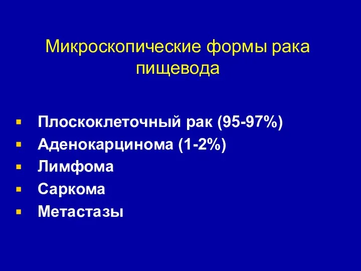 Микроскопические формы рака пищевода Плоскоклеточный рак (95-97%) Аденокарцинома (1-2%) Лимфома Саркома Метастазы