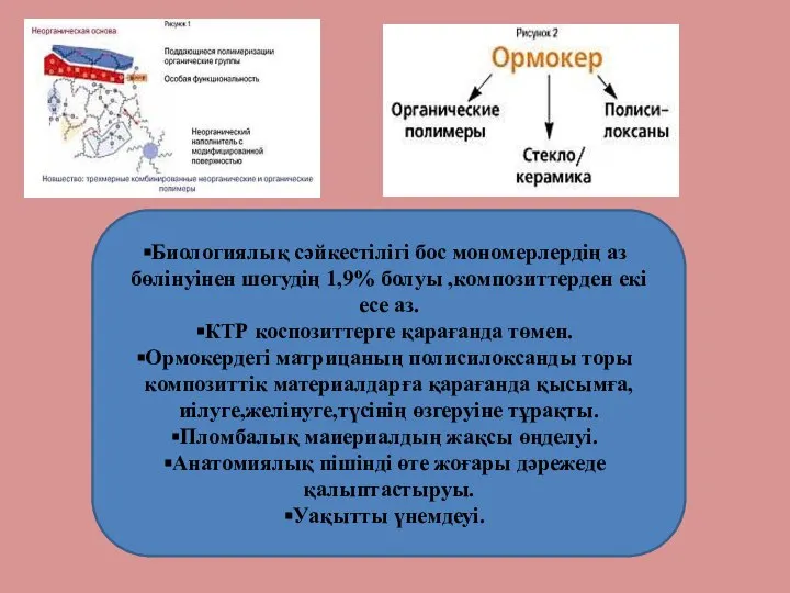 Биологиялық сәйкестілігі бос мономерлердің аз бөлінуінен шөгудің 1,9% болуы ,композиттерден екі