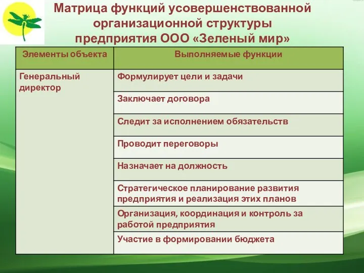 Матрица функций усовершенствованной организационной структуры предприятия ООО «Зеленый мир»