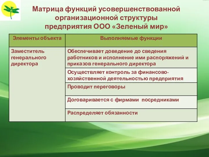 Матрица функций усовершенствованной организационной структуры предприятия ООО «Зеленый мир»