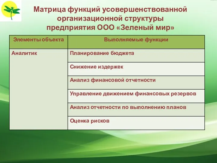 Матрица функций усовершенствованной организационной структуры предприятия ООО «Зеленый мир»