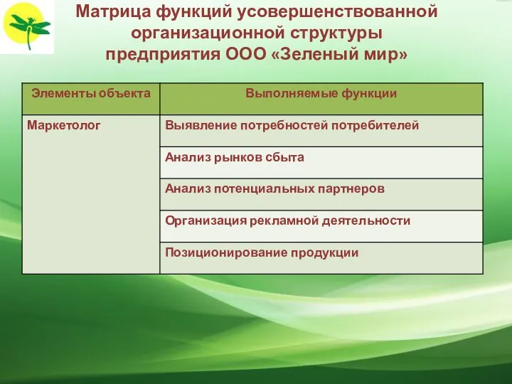 Матрица функций усовершенствованной организационной структуры предприятия ООО «Зеленый мир»