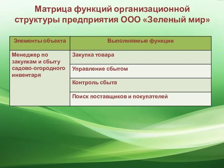 Матрица функций организационной структуры предприятия ООО «Зеленый мир»