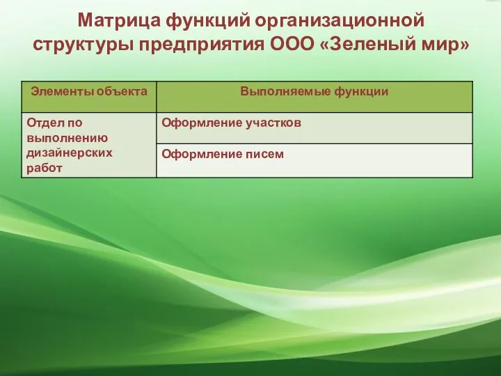 Матрица функций организационной структуры предприятия ООО «Зеленый мир»