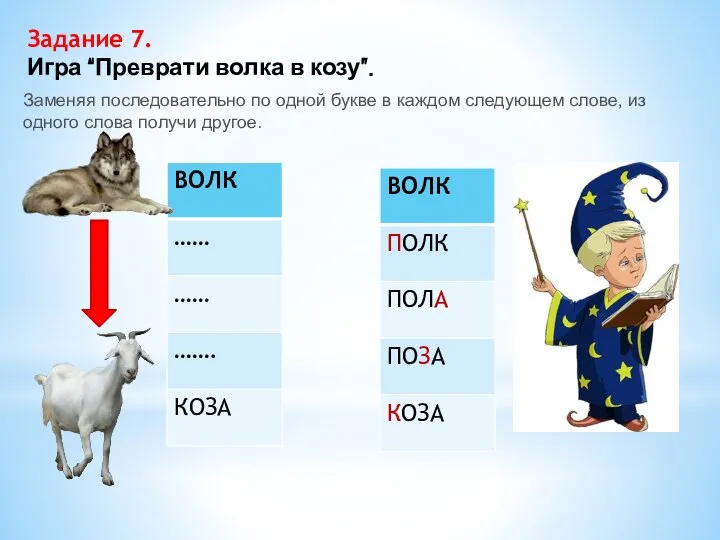 Задание 7. Игра “Преврати волка в козу”. Заменяя последовательно по одной