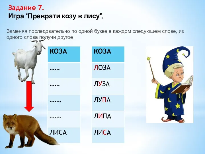 Задание 7. Игра “Преврати козу в лису”. Заменяя последовательно по одной