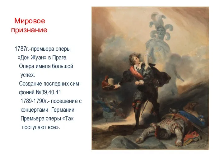 Мировое признание 1787г.-премьера оперы «Дон Жуан» в Праге. Опера имела большой