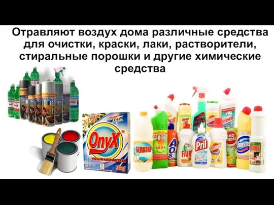 Отравляют воздух дома различные средства для очистки, краски, лаки, растворители, стиральные порошки и другие химические средства