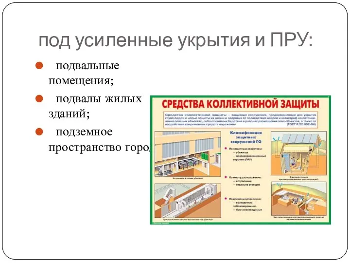 под усиленные укрытия и ПРУ: подвальные помещения; подвалы жилых зданий; подземное пространство городов.