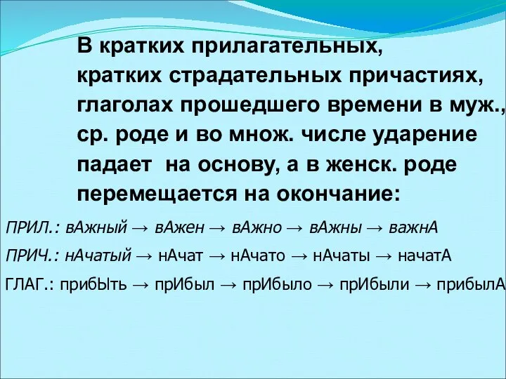 В кратких прилагательных, кратких страдательных причастиях, глаголах прошедшего времени в муж.,