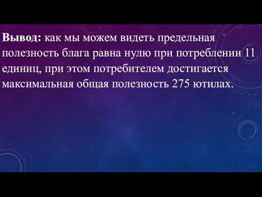 Вывод: как мы можем видеть предельная полезность блага равна нулю при