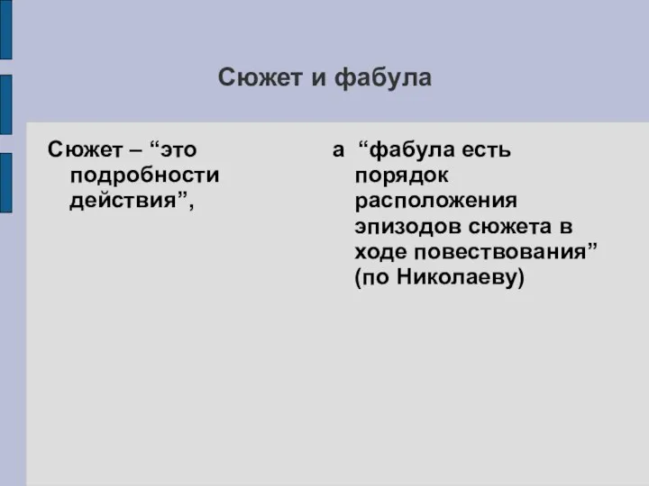 Сюжет и фабула Сюжет – “это подробности действия”, а “фабула есть