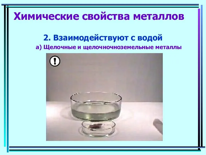 Химические свойства металлов 2. Взаимодействуют с водой a) Щелочные и щелочночноземельные