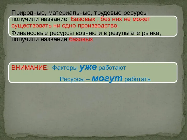 Природные, материальные, трудовые ресурсы получили название Базовых , без них не