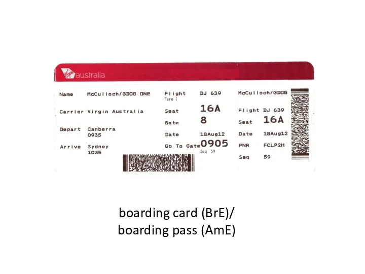 boarding card (BrE)/ boarding pass (AmE)