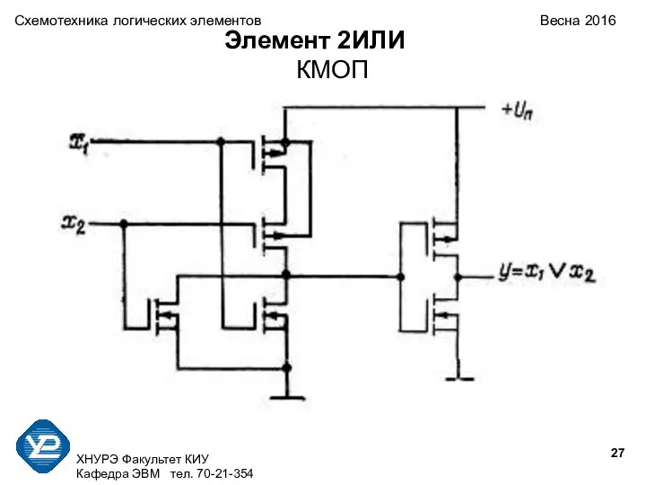 ХНУРЭ Факультет КИУ Кафедра ЭВМ тел. 70-21-354 Схемотехника логических элементов Весна 2016 Элемент 2ИЛИ КМОП