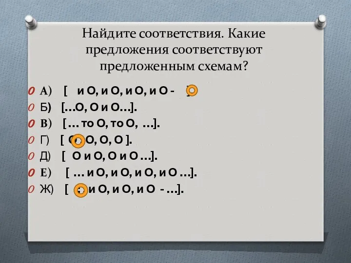 Найдите соответствия. Какие предложения соответствуют предложенным схемам? А) [ и О,