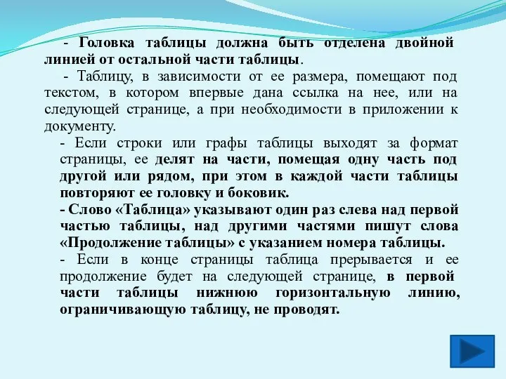 - Головка таблицы должна быть отделена двойной линией от остальной части