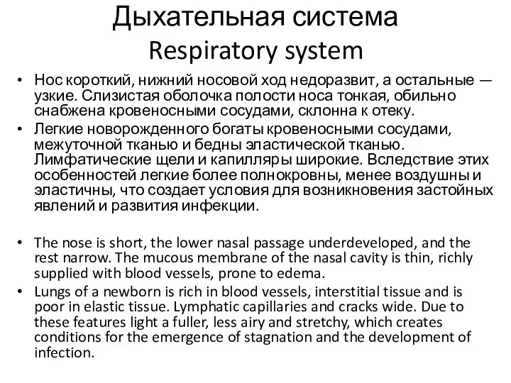 Дыхательная система Respiratory system Нос короткий, нижний носовой ход недоразвит, а