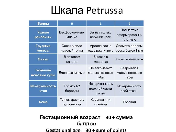 Шкала Petrussa Гестационный возраст = 30 + сумма баллов Gestational age