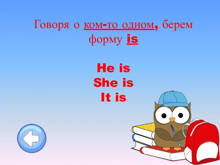 Говоря о ком-то одном, берем форму is He is She is It is