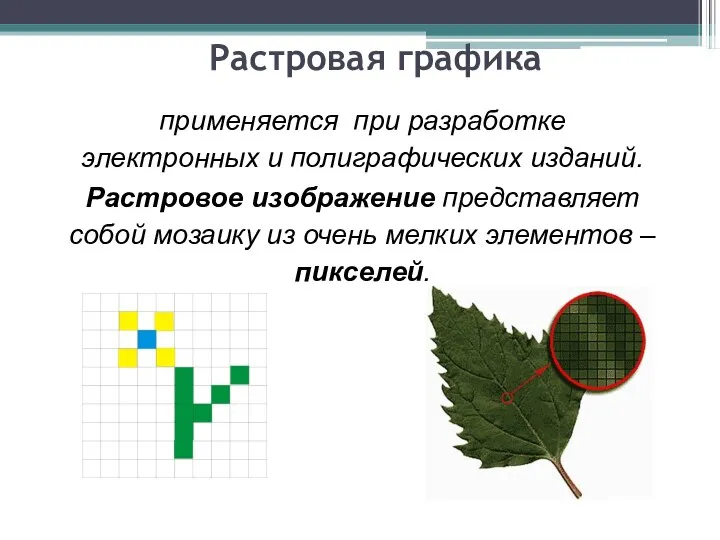 Растровая графика применяется при разработке электронных и полиграфических изданий. Растровое изображение