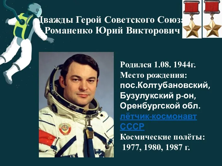 Дважды Герой Советского Союза Романенко Юрий Викторович Родился 1.08. 1944г. Место