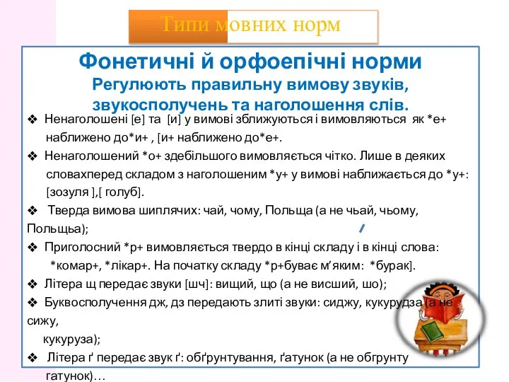 вання, Фонетичні й орфоепічні норми Регулюють правильну вимову звуків, звукосполучень та