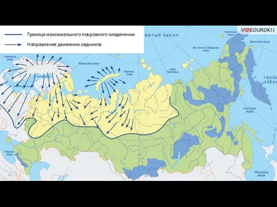 Граница максимального покровного оледенения Направление движения ледников