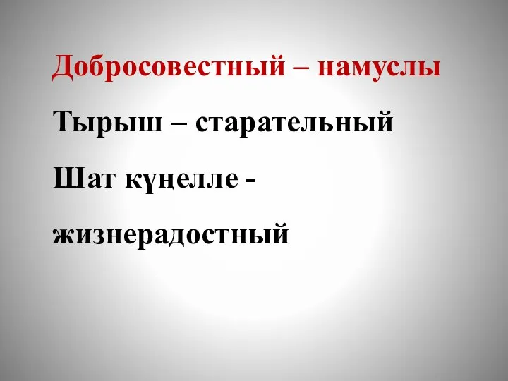 Добросовестный – намуслы Тырыш – старательный Шат күңелле - жизнерадостный