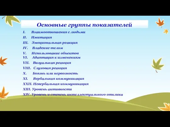 Основные группы показателей I. Взаимоотношения с людьми II. Имитация III. Эмоциональная