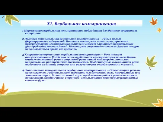 XI. Вербальная коммуникация 1 Нормальная вербальная коммуникация, подходящая для данного возраста