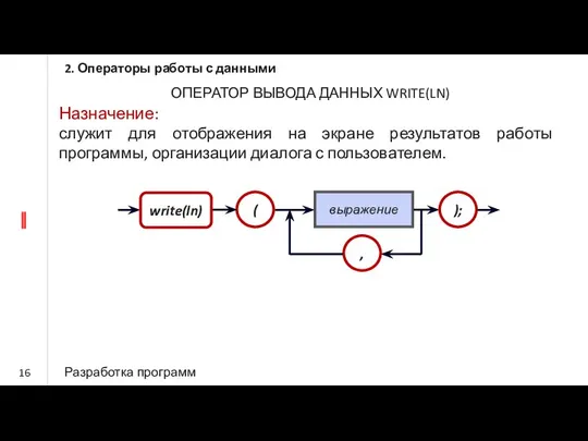 2. Операторы работы с данными Разработка программ Назначение: служит для отображения