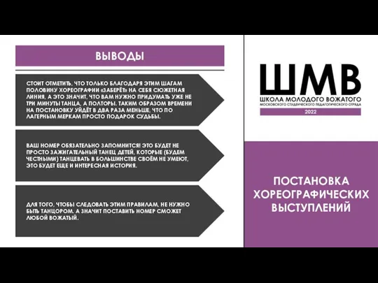 ВЫВОДЫ ПОСТАНОВКА ХОРЕОГРАФИЧЕСКИХ ВЫСТУПЛЕНИЙ СТОИТ ОТМЕТИТЬ, ЧТО ТОЛЬКО БЛАГОДАРЯ ЭТИМ ШАГАМ