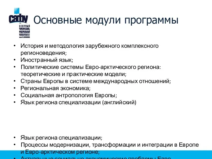 Основные модули программы История и методология зарубежного комплексного регионоведения; Иностранный язык;