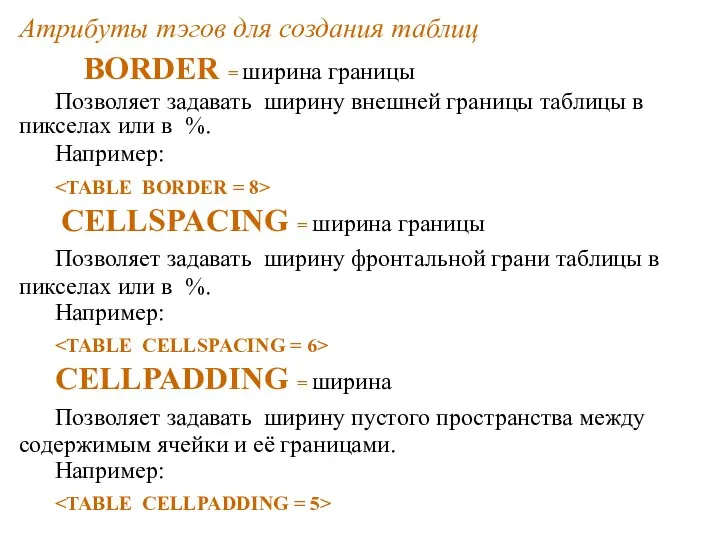 Атрибуты тэгов для создания таблиц BORDER = ширина границы Позволяет задавать