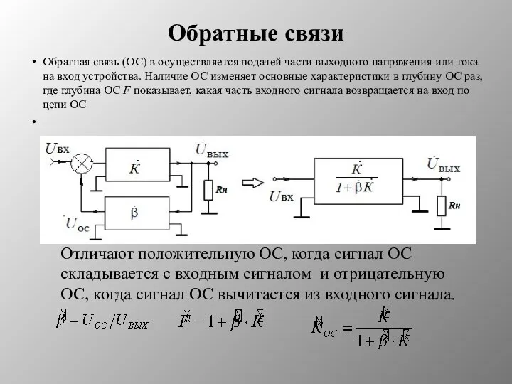 Обратные связи Обратная связь (ОС) в осуществляется подачей части выходного напряжения