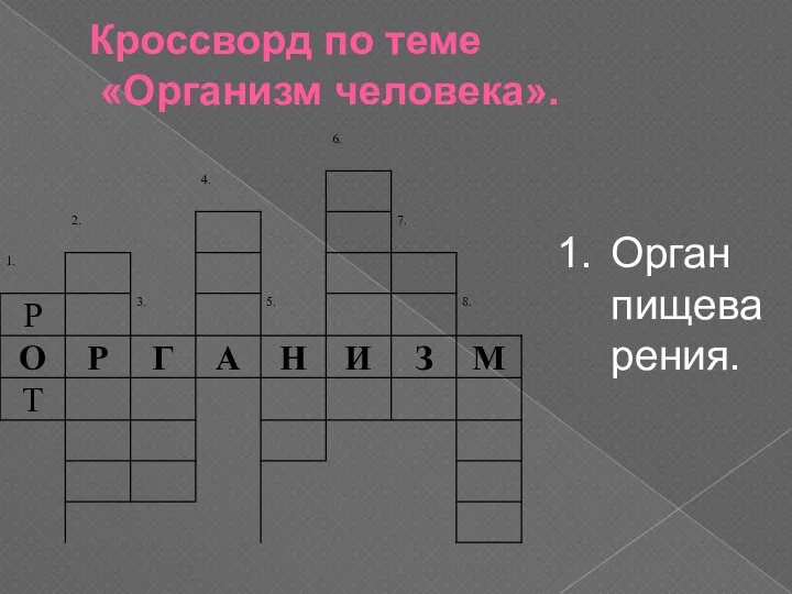 Кроссворд по теме «Организм человека». Орган пищеварения.