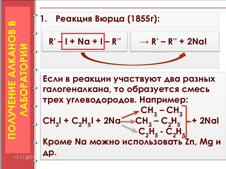 ПОЛУЧЕНИЕ АЛКАНОВ В ЛАБОРАТОРИИ Реакция Вюрца (1855г): 17.11.2013 R' – I