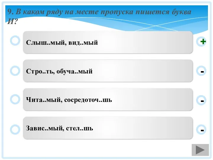 9. В каком ряду на месте пропуска пишется буква И? Слыш..мый,