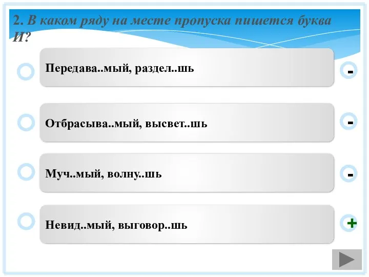 2. В каком ряду на месте пропуска пишется буква И? Невид..мый,