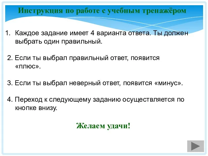 Инструкция по работе с учебным тренажёром Каждое задание имеет 4 варианта