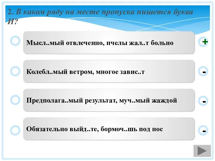 2. В каком ряду на месте пропуска пишется буква И? Мысл..мый