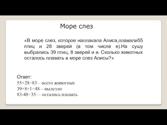 Море слез «В море слез, которое наплакала Алиса,плавали55 птиц и 28