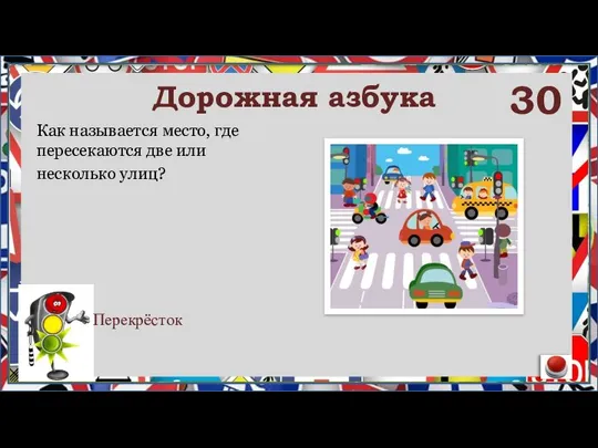 Как называется место, где пересекаются две или несколько улиц? Перекрёсток Дорожная азбука 30