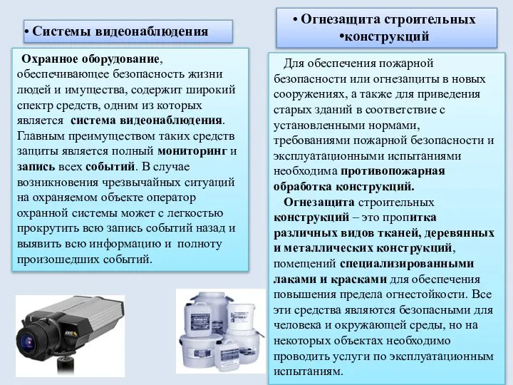 Системы видеонаблюдения Охранное оборудование, обеспечивающее безопасность жизни людей и имущества, содержит