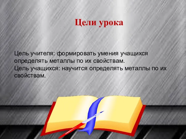 Цель учителя: формировать умения учащихся определять металлы по их свойствам. Цель